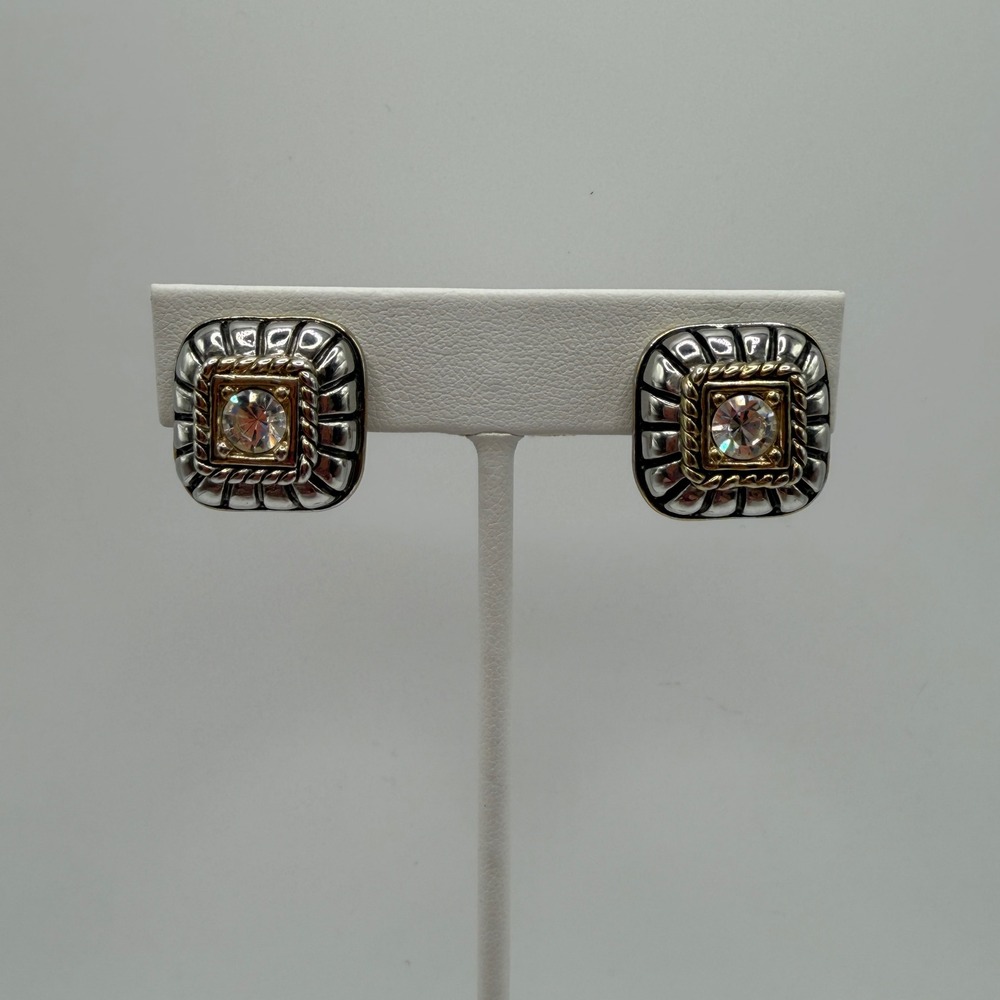 Vintage Two Tone Silver Gold Square Ribbed Clip On Earrings Clear Crystal Center